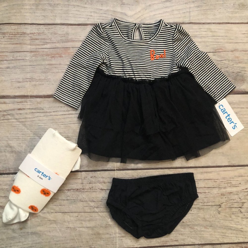 Carter's Baby "Boo" Halloween Ruffle Dress w Pumpkin Tights, Size 3 Months NWTs